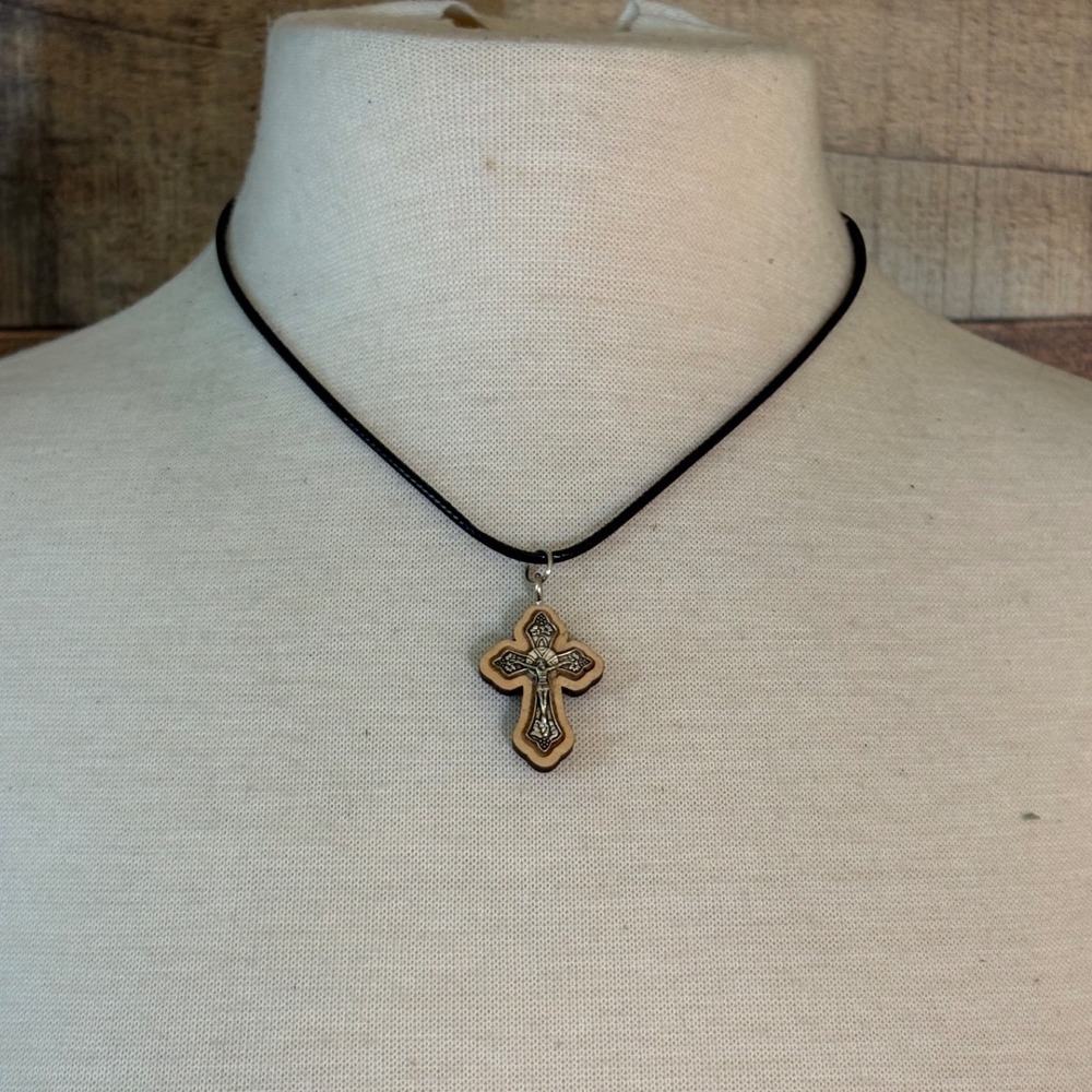 Jerusalem Olive Wood Cross Pendant Necklace Silver Tone Crucifix Black Cord